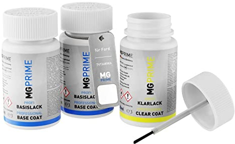 MG PRIME Lackstifte für Ford 7VTAWWA / PN3GZ0 / W Frozen White Solid +1K | Frost Weiss, Autolack, Set aus Grundlack + Basislack + Klarlack, Lackfläschchen mit Pinsel, je 50ml
