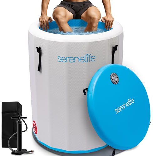 SereneLife Inflatable Cold Plunge Tub Ice Bath, 85 Gal One Person Ice Bath Tub with Lid, Drop Stitch PVC, Double Layer Seals, Heavy Duty Cold Plunge for Athletes