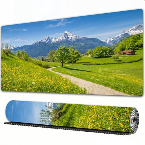 EOMKSE Mauspad Verlängertes großes Mauspad Schreibtischauflage,genähte Kanten Mauspad,Gummibasis,Wohnungsdekor, Frühlingslandschaft in den Alpen mit Blumengras und verschneite,Gaming-Mauspad,40x75 cm