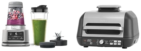 Ninja Foodi Power Nutri Blender 2-en-1, mixe des bols smoothie et des boissons glacées, CB100EU + Ninja Foodi MAX PRO Grill, Plancha & Air Fryer avec sonde de cuisson numérique, 3,8L, 7 en 1, AG651EU
