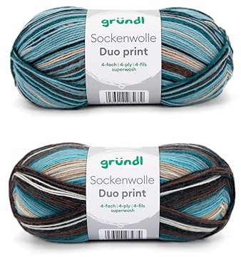 Gründl Wolle Sockenwolle Duo - Strickgarn für 2 Paar Socken - Strapazierfähig und hautfreundlich - 75% Schurwolle, 25% Polyamid - 2 Knäuel 100 g / 420 m - Nadelstärke 2,5-3 - türkis-blau