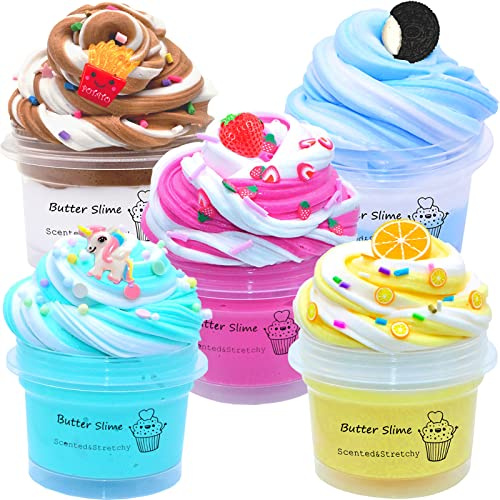 5 Pack Butter Slime,Pink Strawberry, Blue Ice Cream,Two-Toned Colorful Slime,Super Soft and Non-Sticky,Birthday Gifts for Kids,Party Favor for Girls & Boys.Valentine's Day Party Supplies