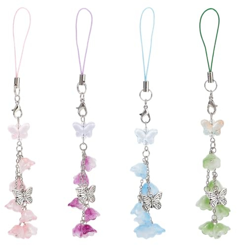DELORIGIN 4Colors Maiglöckchen Handyanhänger 4 stücke Nette Schmetterling Tasche Charme Handgelenk Lanyard Blume Acryl Für Telefon Tasche Keychain Auto Kamera Decor