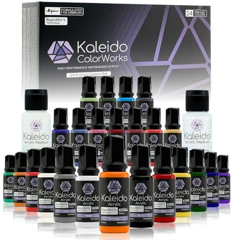 Gaahleri Kaleido Primary 24-Color Set – Acrilico ad acqua per aerografo, pre-diluito, lucido, con diluente e cleaner