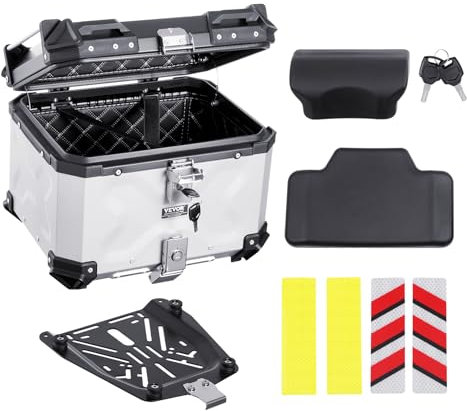 VEVOR Aluminum Alloy Motorbike Tail Box, 45L Waterproof Detachable Motorcycle Top Case with Lock & Back Cushion, Universal Fit for 99% of Motorcycle Frames