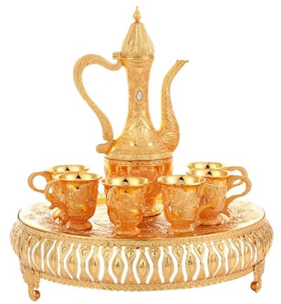 Folpus Türkische Kaffeekanne Set Getränke Hauswarming Geschenk mit 6 Tassen Teekanne für Esszimmer Küche und Party Schlafzimmer Dekoration, Gold