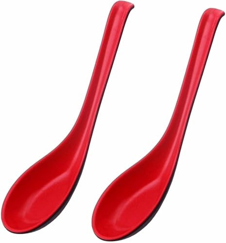 2 Pcs Red Chinese Wonton Soba Rice Pho Ramen Noodle Soup Spoons, Asian Plain Style, Red and Black
