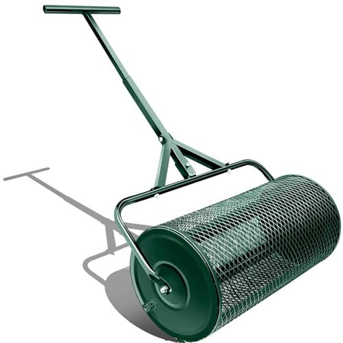 Épandeur de graines polyvalent, épandeur de compost de 27 pouces, épandeur de fumier léger avec poignée améliorée en forme de T, rouleau à gazon,Green-34 * 34 * 68cm