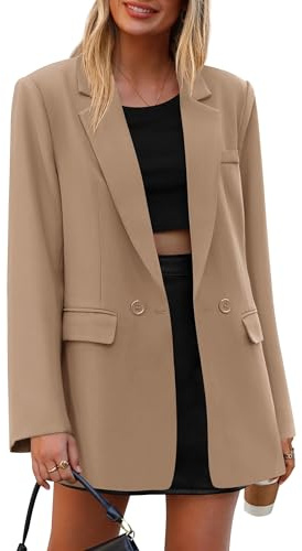 PRETTYGARDEN Fall 2026 Blazers for Women Business Casual Long Sleeve Lapel Pockets Spring Winter Jackets Work Office Clothes (Khaki,Small)