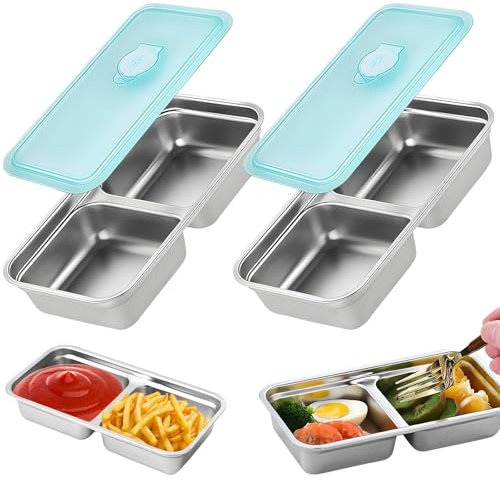 CharmBurst 2 Pack Stainless Steel Lunchbox with Compartments, Double Chamber Metal Lunchbox, Reusable Snack Box for Kids, Stainless Steel Bento Box, Insulated Lunchbox for Camping