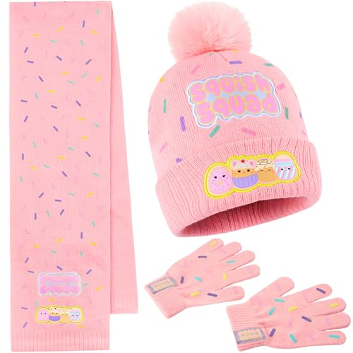 Squishmallows Beanie Winter Accessories Set Girls Teens, 3pcs Hat Scarf Gloves, Warm Knit for School Travel Days Out, Girls Gifts