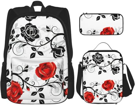 Migpkd Sac à dos à motif floral rose lierre avec feuilles, sac à crayons, sac à déjeuner, sac à dos pour enfants
