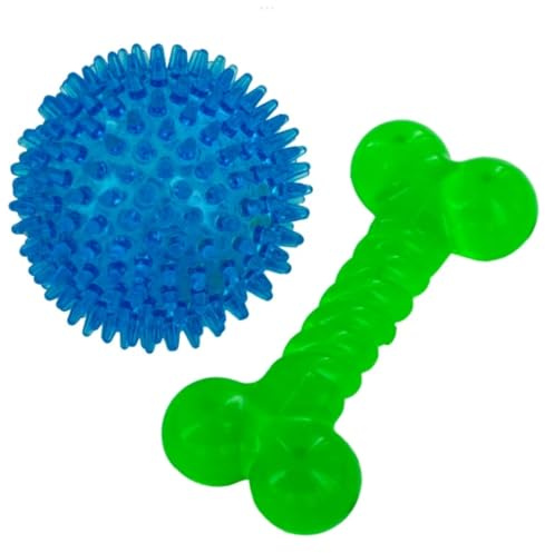 Dog Toy Set with Blue Spiky Ball and Green Bone, Interactive Pet Chew Toys, 2-Piece