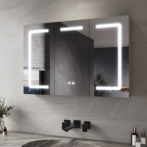 SIRHONA Spegel badrumsskåp med LED-belysning, 90 x 60 x 12,5 cm, badrumsspegelskåp med 3 ljusfärger, dimbar, garderobsuttag, 3 dörrar, ljusbrun