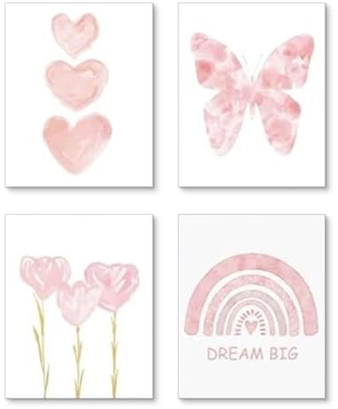 Ueiwffzo 4er Poster Set Bilder Set DIN A4 Rosa Regenbogen Bilder Herz Kinderzimmer Mädchen Leinwand Bilder Wandbilder, Ohne Rahmen Wandposter Babyzimmer Deko