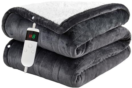 Electric Blanket Heated Throw, Soft Flannel 50x60 Heating Blanket with 8 Hours Auto Off 10 Fast Heating Levels Machine Washable Sherpa Heated Blanket with Overheating Protection
