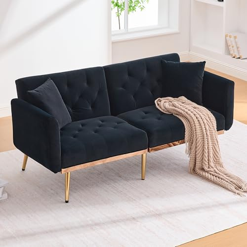 Dolamaní Schlafsofa Klappbares Couch, Sofa Klein 2 sitzer mit Schlaffunktion, Robuste Metallfüße (Schwarz)