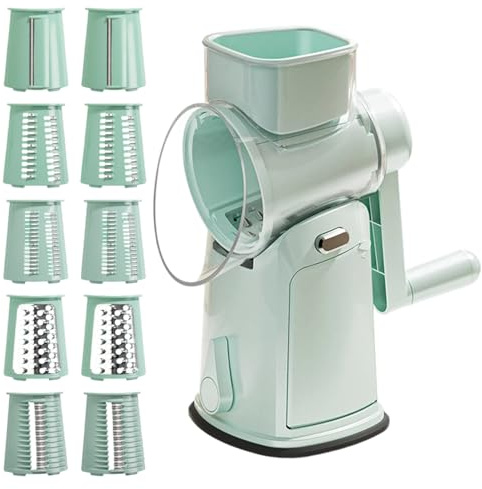 Rotary Cheese Grater, Multi Vegetable Chopper with 10 Blade, ABS, PP Food Processor, Kitchen Gadgets, Compact and Durable, Perfect for Cheese, Carrot, Cucumber (Mint Green)