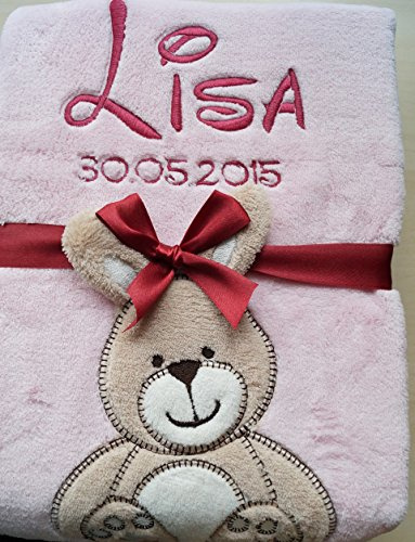 ★ Babydecke mit Namen und Datum bestickt ★ Geschenk ★Geburt ★ Taufe ★ (Rosa mit Hase)