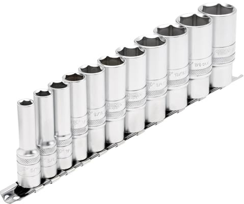 Draper 16495 3/8-Inch Square Drive Imperial Deep Socket 11 Piece Set On Metal Rail , Blue