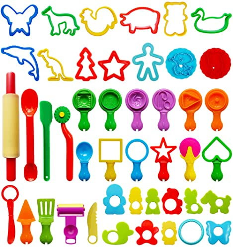 FRIMOONY Dough Tools Set for Kids, Various Plastic Molds, Assorted Colors, 45 Pieces