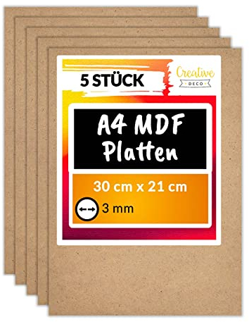 Creative Deco 5 x A4 MDF Platten | 300 x 210 x 3 mm | Dünne Holz-platten | Perfekt für Laser, CNC Router, Modellierung, Durchbrochenes, Laubsäge
