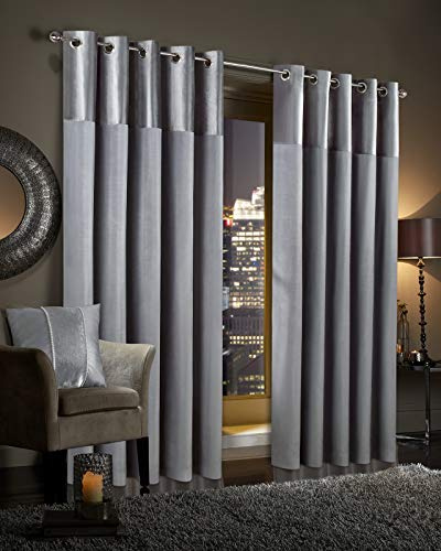 viceroy bedding Gran Reno Crushed Velvet Curtains PAIR Faux Silk Fully Lined Eyelet Ring Top Curtains (Silver Grey, 46 Width x 90 Depth)