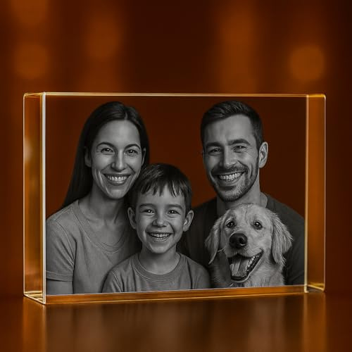 Personalized 3D Photo Engraved Crystal — Custom Memory Block (3″ × 5″ × 2.5″), Up to 4 People or Pets — Wedding, Birthday, Christmas Gift — Optional Text Etching