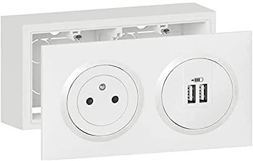 Legrand LEG300410 KIT2P+T/2XUSB BL Aufputz-Steckdosen-Kit + Lademodul 2 USB TypeA Doxie 2,4 A vorverdrahtet mit Aufputzrahmen Weiß Finish
