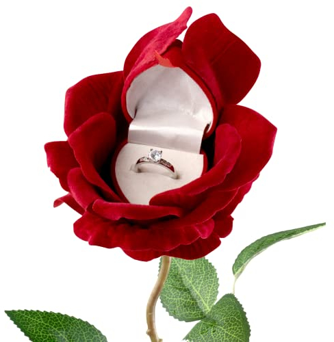 Noble Caja de anillo de flor de corazón rosa para regalo/ceremonia/propuesta/compromiso/boda joyero (rojo)