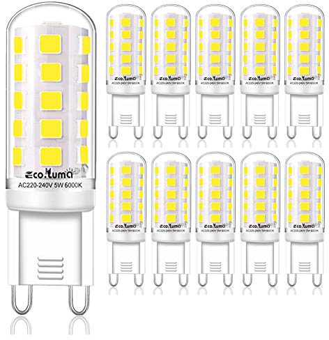 Bombillas Led G9, Luz Blanca Fría 6000K, 5W Equivalente a Halógena 40W 33W, AC230, Sin Parpadeo, 420LM, No Regulable, 10 Unidades