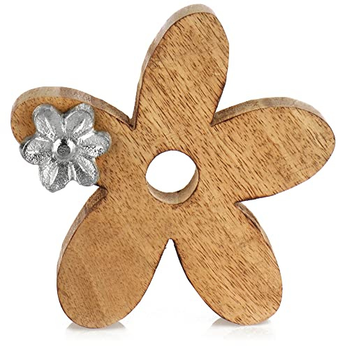 com-four Dekorative Blume - Hochwertige dekorative Blume aus Mangoholz - Holzblume mit kleiner Metallblume zum Ausstellen und Verschenken (1 Stück - Blume)