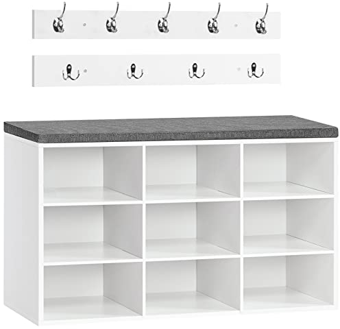 HOOBRO Garderobe Schuhregal Set, Schuhbank mit 9 F Cher, Schuhregal mit gepolsterter Sitzbank, Wandgarderobe mit 9 Haken, Schuhschrank f r Flur, Eingangsbereich, Schlafzimmer wei EWT89HX01