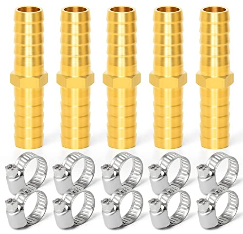 ERGAOBOY 5 Pcs 10mm Brass Hose Barb Connector, 2 Way Straight Hose Fitting with 10 Pcs Clamps