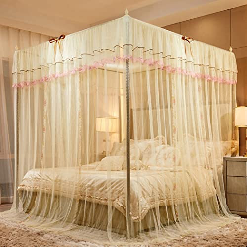 DUXY Moskitonetz Bett, Groß Fliegennetz Bett für Anti-Insekt mit 4 Eckpfosten mit Edelstahlrahmen, 3 Seitenöffnungen, Luxus-Prinzessin-Betthimmel für Zuhause und Reise,25mm beige,180 * 220cm