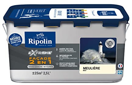 RIPOLIN - Peinture Façade 2 en 1 Extrême Extérieur - Sous-Couche Intégrée - Très Forte Adhérence - Protection Contre Micro-organismes - Résistance aux UV et Intempéries - Mat - 2,5L - Meulière