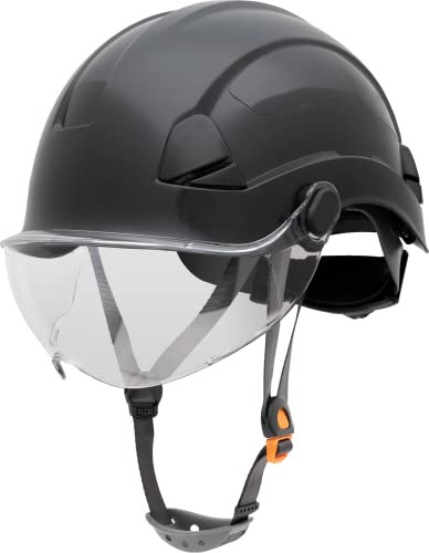 Honeywell Casco di sicurezza in fibra di metallo con visiera, elmetto rigido per edilizia, non ventilato, cinturino sottogola con fibbia a 4 punti, sospensione a cricchetto a 6 punti, nero, FSH10011E