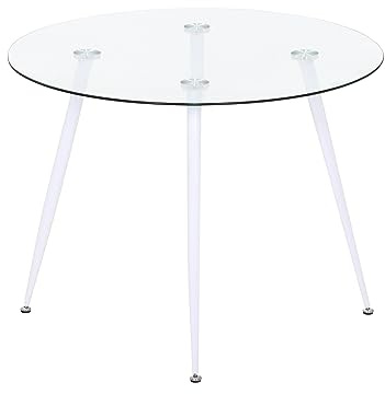 MOG CASA Mesa de Comedor Fija Redonda Corin | 100 x 100 x 75 cm | Ideal para Cocina o Salón | Ideal para 3 a 4 Personas | Tablero de Cristal Transparente | Patas de Metal en Blanco