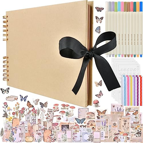EMNIMQ 200pcs Large Scrapbook Kit A4 DIY Photo Albums Scrapbook 80 Pages,with 174 pcs Vintage Scrapbook Accessories Paper 12 Metallic Marker Pens 6 Sheets Stickers,120 Photo Corners & 5 Stencils