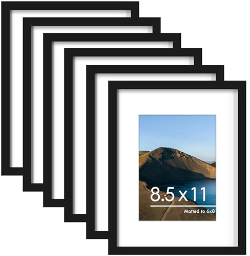 PEALSN 8.5 x 11 Picture Frame Set of 6, Display Pictures 6x8 with Mat or 8.5 x 11 without Mat for Wall Mounting Display, Photo Frames Collage for Wall Decor, Black.