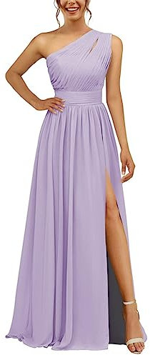 WSEYU Vestido de dama de honor de gasa de un hombro con plisado dividido largo línea A vestido de dama de honor para mujer, Lila, 36