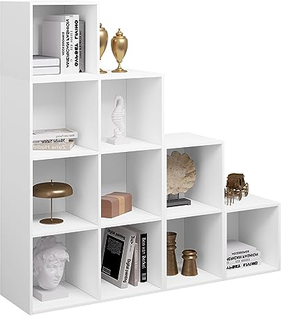 WOLTU Bücherregal weiß, Raumteiler, Stufenregal, Treppenregal, Würfelregal, mit 10 Fächern, Standregal, Aufbewahrungsregal für Bücher Spielzeug Wohnzimmer, 120x120x30cm, SK035ws