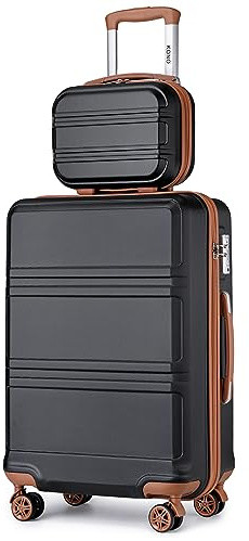 KONO 2er Kofferset ABS Hartschalen Hardcase Trolley TSA-Schloß 55cm Reisekoffer Boardcase + Handgepäck Kosmetikkoffer (55cm Handgepäck+Kosmetikkoffer, Schwarz/Braun)