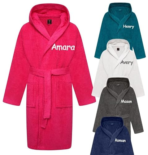 Gembroidery Personalised Boys & Girls Hooded Bathrobe 100% Cotton Childrens Towelling Bath Robe Kids Dresing Gown 2-14 Years (Fuchsia 10-12 Years)