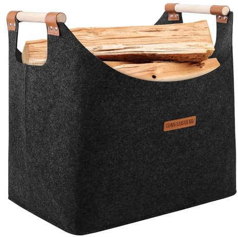 XL Legna da ardere cesto in feltro extra spesso e manico rinforzato | cesta per legna da interno | Cesto pieghevole in legno borsa in feltro come cesto per la spesa, legna, giornali (Nero)