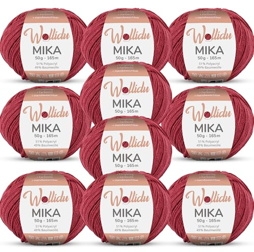 Wollidu Mika Stickgarn, 51 % polyakryl, 49 % bomull, för virkning och stickning, Oeko-Tex, 10 x 50 g, 165 m, bärröd