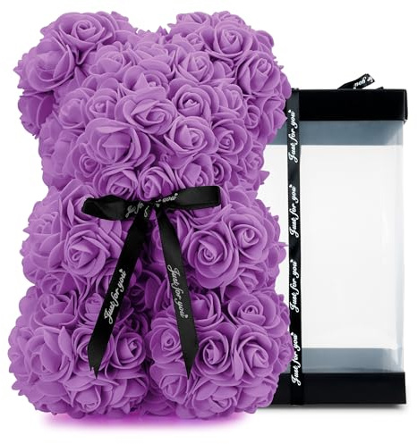 TANNESS 25cm Rose Bear with Transparent Gift Box & Black Ribbon, Rose Petals Teddy Bear Presents for Women, Artificial Flowers Rose Bear Valentines Gifts for Her - Gifts for Girlfriend (Purple)