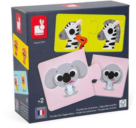 Janod - Puzzle Los Contrarios - 12 Puzzles de 2 Piezas de Cartón - Juego Educativo - Motricidad Fina y Concentración - Producto FSC y Tintas Vegetales - Desde 2 años - J02627