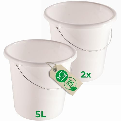 Novaliv 2 Stück Eimer 5L Weiß mit Maßeinteilung - Putzeimer 5 Liter ? 22,5 cm Praktischer Allrounder mit Skala für Haushalt & Garten ideal als Haushaltseimer, Wassereimer, Wischeimer, Bucket