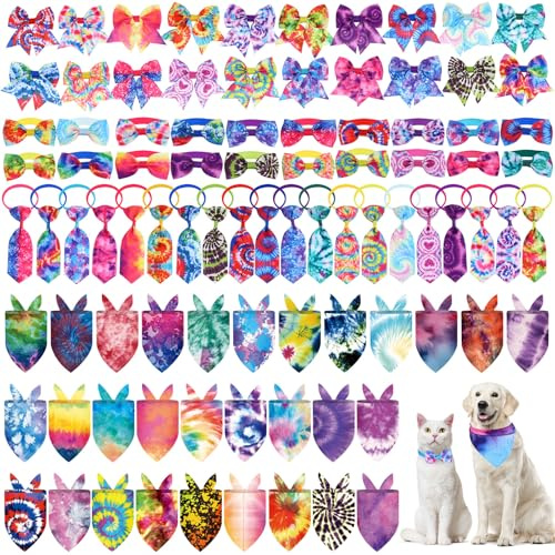 Reginary 120 Pcs Tie Dye Dog Bandanas Bulk Dog Bows Set Bow Ties Cat Scarf Colorful Washable Triangle Pet Kerchief Cute Bib for Summer Small Medium Large Pets Grooming Accessories Costume